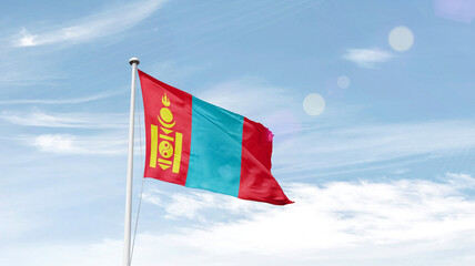 Mongolia national flag cloth fabric waving on the sky.