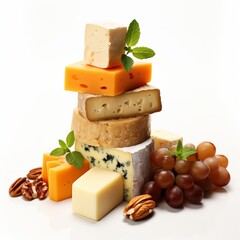 Assortment of cheeses. Various types of cheese on white background.