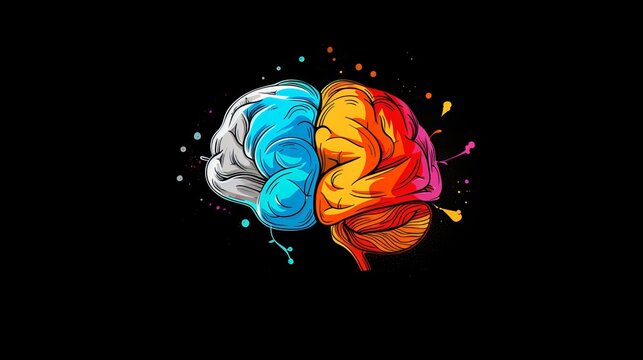 An abstract representation of a human brain, featuring a colorful right hemisphere and a monochromatic left hemisphere. Visual logo for the mind and is presented as an isolated vector background