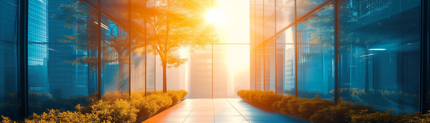 Golden hour of sunrise casts a warm glow through a modern glass corridor surrounded by lush...