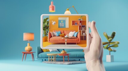 An augmented reality concept where a hand holds a tablet with an AR application, simulating furniture and interior design products in a real home environment - obrazy, fototapety, plakaty