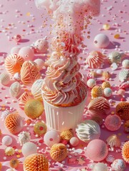 A dazzling display of a cupcake with a sparkling red explosion and an array of sweets on a pink backdrop