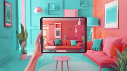 An augmented reality concept where a hand holds a tablet with an AR application, simulating furniture and interior design products in a real home environment