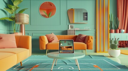 An augmented reality concept where a hand holds a tablet with an AR application, simulating furniture and interior design products in a real home environment