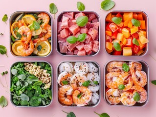 An aerial perspective showcasing a vibrant variety of poke bowls with fresh ingredients, colorful and inviting