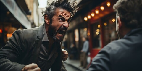 A man in a street fight receives a punch to the face. Concept Violent confrontation, Physical altercation, Aggressive behavior, Self-defense, Street altercation