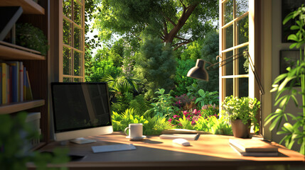 A cozy home office with a lush garden view