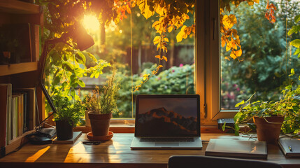 Obraz premium A cozy home office with a lush garden