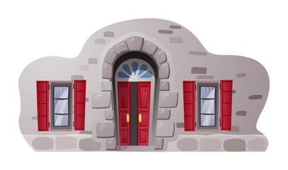 Old medieval building facade with open door, flat vector illustration isolated.