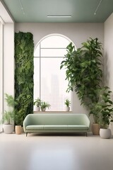 a waiting room, an eco-friendly office or an eco-friendly and minimalistic company , plants and a wall of greenery