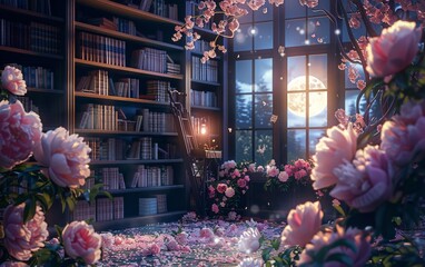 A serene library with moonlight streaming through windows surrounded by blooming peonies jazz music in the background - obrazy, fototapety, plakaty