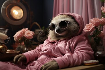 A sloth exudes a vintage charm, reclining in a rose-filled boudoir, donning pink attire and round sunglasses, a picture of old-school cool.