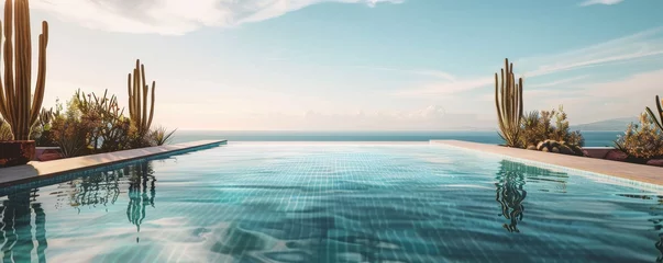 Foto op Plexiglas A serene swimming pool in a minimalist setting surrounded by elegant cacti under a clear sky © Shutter2U