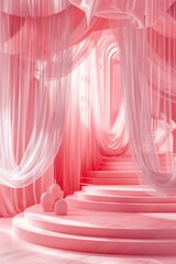 Dreamy pink drapes create a soft, flowing environment in a surreal, monochromatic pink setting