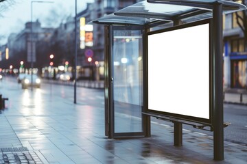 Evening City Bus Stop with Blank Advertising Billboard for Mockup.