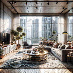 a living room filled with furniture and a large window, a digital rendering , featured on shutterstock, photorealism, vray tracing, rendered in unreal engine, vray