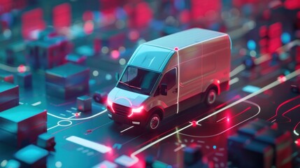 An autonomous van delivers parcels to specific city locations using a smartphone app to display order information and track the vehicle's GPS location, showcasing the future of delivery services - obrazy, fototapety, plakaty
