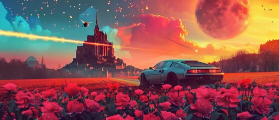 A sleek car driving towards a castle passing through a field of roses under a dazzling supernova with a bee flying overhead - obrazy, fototapety, plakaty