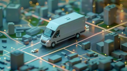 An autonomous van delivers parcels to specific city locations using a smartphone app to display order information and track the vehicle's GPS location, showcasing the future of delivery services - obrazy, fototapety, plakaty