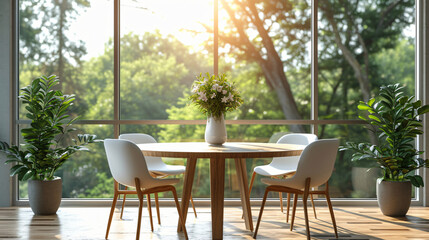 Fototapeta premium A simple but stylish dining area with a round wooden table.