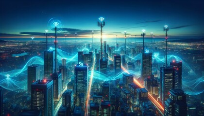 Panoramic Cityscape with 5G and 6G Networks at Twilight