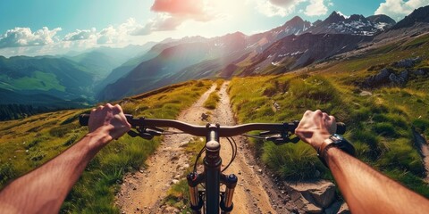 Action packed mountain biking adventure a cyclist navigating a rugged trail with breathtaking mountain views in the background - obrazy, fototapety, plakaty
