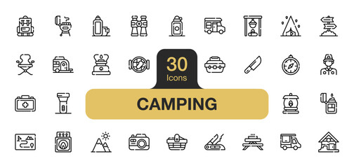 Set of 30 Camping icon element sets. Includes cutting knife, matchbox, truck, backpack, picnic basket, camper van, and More. Outline icons vector collection. - obrazy, fototapety, plakaty