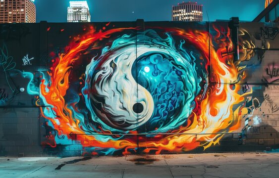 A yin and yang graffiti art on a wall one side painted with fiery colors and the other with icy blues under city lights