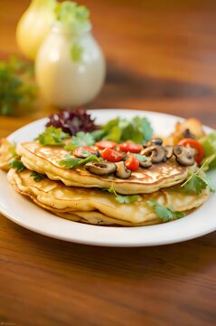 cooked fried pancakes with mushrooms and herbs on a wooden table.