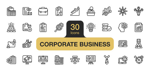Set of 30 Corporate Business icon element sets. Includes Briefcase, Office building, Finance, Accounting, Marketing, Sales, Human resources, Innovation, and More. Outline icons vector collection