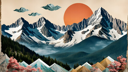 postmodern-collage-depicting-mountains-fawncore-aesthetic-with-elements-of-contemporary-asian-art - obrazy, fototapety, plakaty