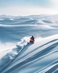 Poster An adventurous snowmobile racing over vast sand dunes a unique blend of winter activity in a hot desert environment © Shutter2U