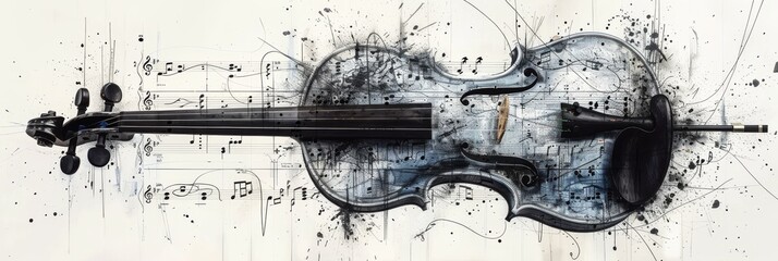 An artistic interpretation of mathematics influencing music with equations forming the shape of a violin and notes - obrazy, fototapety, plakaty