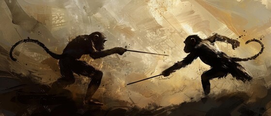 An artistic depiction of a monkey vs monkeys war with shadows and light dramatically highlighting the fierce confrontation with stick - obrazy, fototapety, plakaty