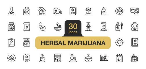 Set of 30 Herbal marijuana icon element sets. Includes Cannabis Product, Marijuana, Extraction, Clinical, Cbd Oil, Cannabis Seeds, Oil, and More. Outline icons vector collection.