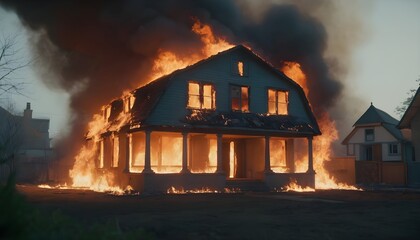 House in fire, burning building