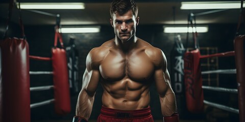 Intense Training: Athletic Boxer Hitting Punching Bag with Red Gloves. Concept Boxing Training, Punching Bag Workout, Athletic Boxer, Red Boxing Gloves, Intense Exercise