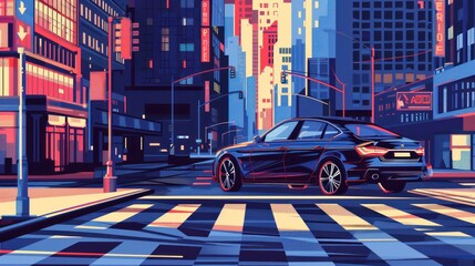 A vector illustration showcasing an autonomous smart car scanning the road and operating automatically as it comes to a stop at a crosswalk in the city - obrazy, fototapety, plakaty
