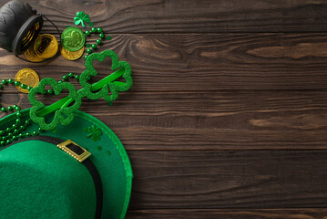 Mystical St. Patrick's array, featuring top view of shamrocks, a charmed hat, pot with golden...