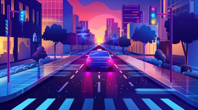 A vector illustration showcasing an autonomous smart car scanning the road and operating automatically as it comes to a stop at a crosswalk in the city