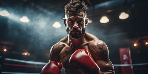 Boxer in peak physical condition practicing punches at gym workout session. Concept Fitness, Boxing, Workout, Physical Conditioning, Gymnasium - obrazy, fototapety, plakaty
