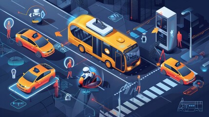 Isometric icons depicting autonomous vehicles such as driverless buses, taxis, and trucks, alongside robotic delivery systems, presented in isolated vector illustrations - obrazy, fototapety, plakaty