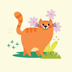 Funny red cat is walking in park among plants and flowers. Happy cat character. Summer vacation time. Vector Hand drawn cartoon flat illustration.