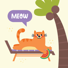Funny red cat is lying on a chaise longue under a palm tree with coconuts and eating a watermelon. Happy cat character on beach. Summer vacation time. Vector Hand drawn cartoon flat illustration.