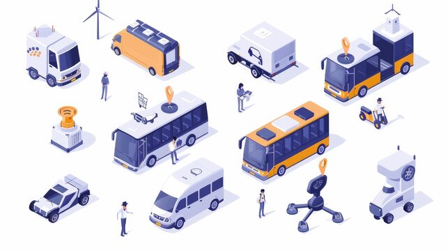 Isometric icons depicting autonomous vehicles such as driverless buses, taxis, and trucks, alongside robotic delivery systems, presented in isolated vector illustrations