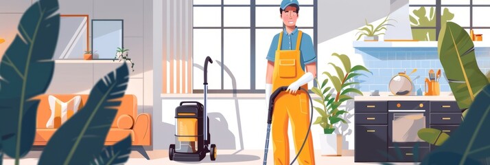 Smiling cleaning worker with steam cleaner in apartment, cleaning service concept, illustration banner