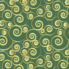 Repeat pattern of golden swirls on green background