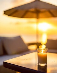 Beautiful romantic seaside restaurant terrace at sunset (blurred and useful background image) - obrazy, fototapety, plakaty