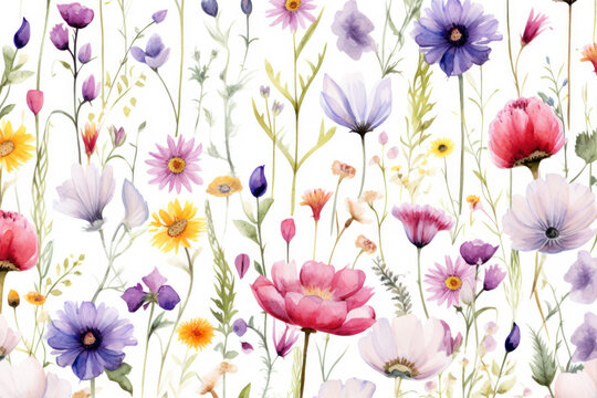 Watercolor summer seamless pattern with wildflowers. Hand painted illustration
