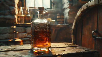 A cinematic shot capturing the artistry of a whiskey bottle's design, its transparent glass showcasing the deep caramel tones of the aged spirit within, set against a rustic backdrop.